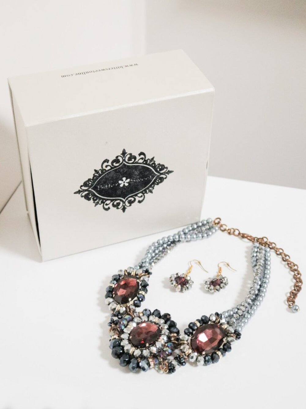 BITTERSWEET Vintage Inspired Beaded Brooch Bib Necklace & Earring Set Amethyst